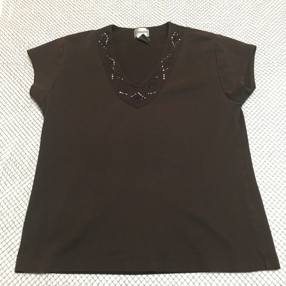 Chico’s Brown Beaded V neck shirt